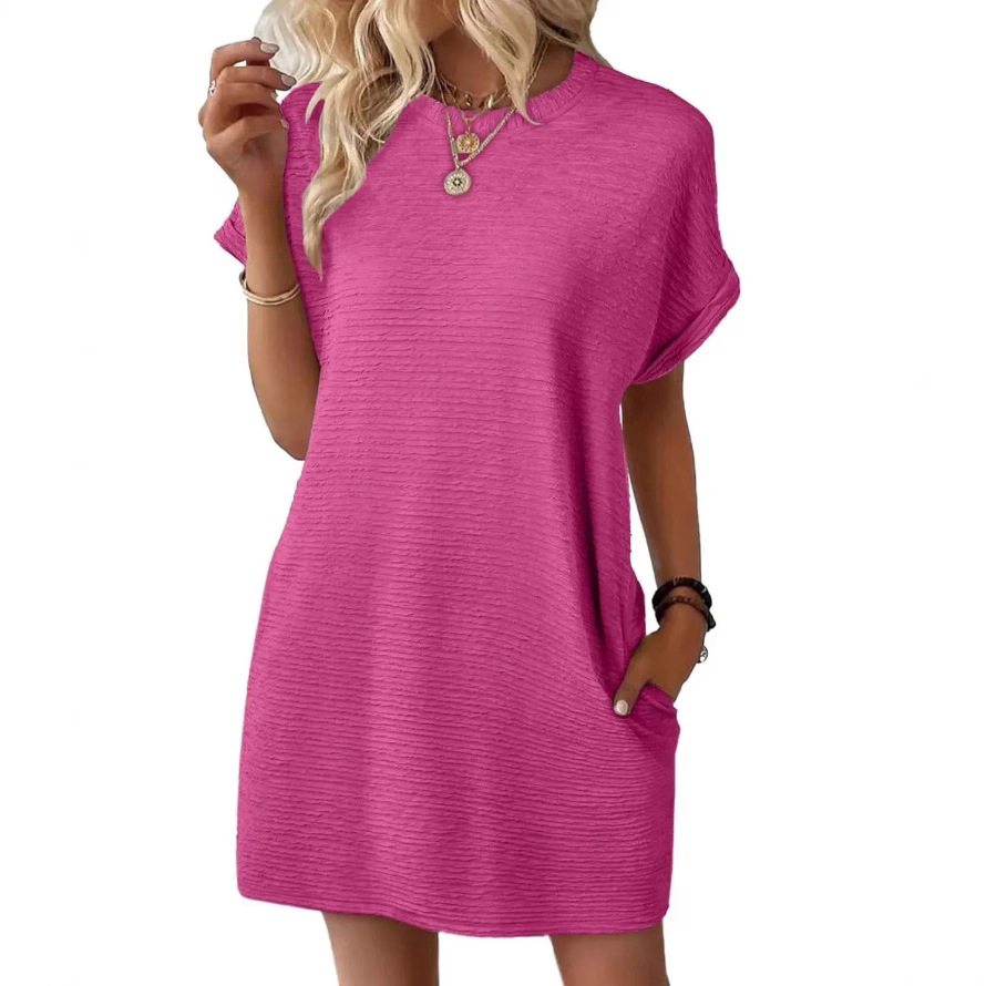 Women's Loose Crewneck Pocket Solid Short Sleeve Dress