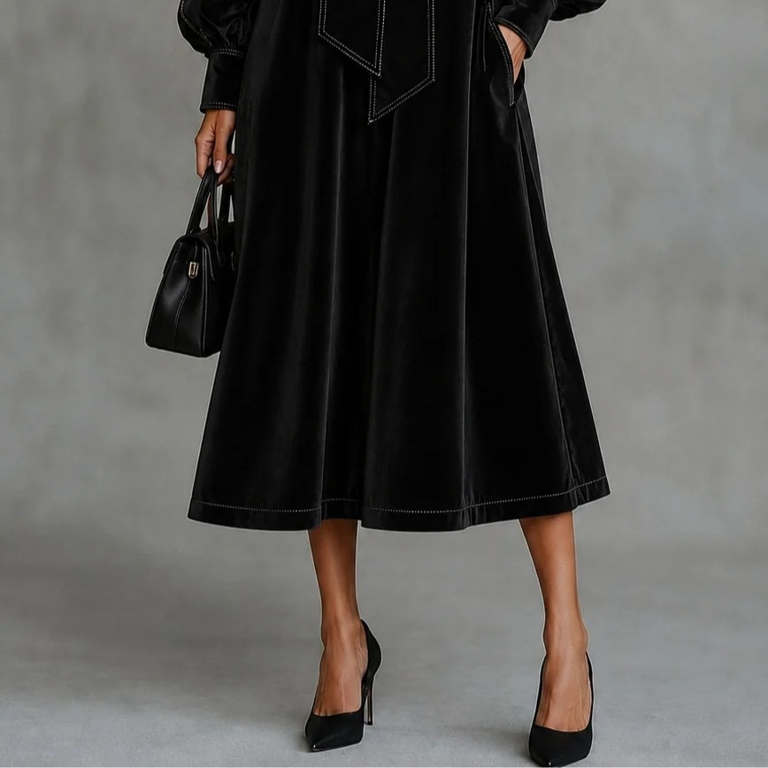 Black Velvet Bow Lantern-Sleeve Loose Midi Dress