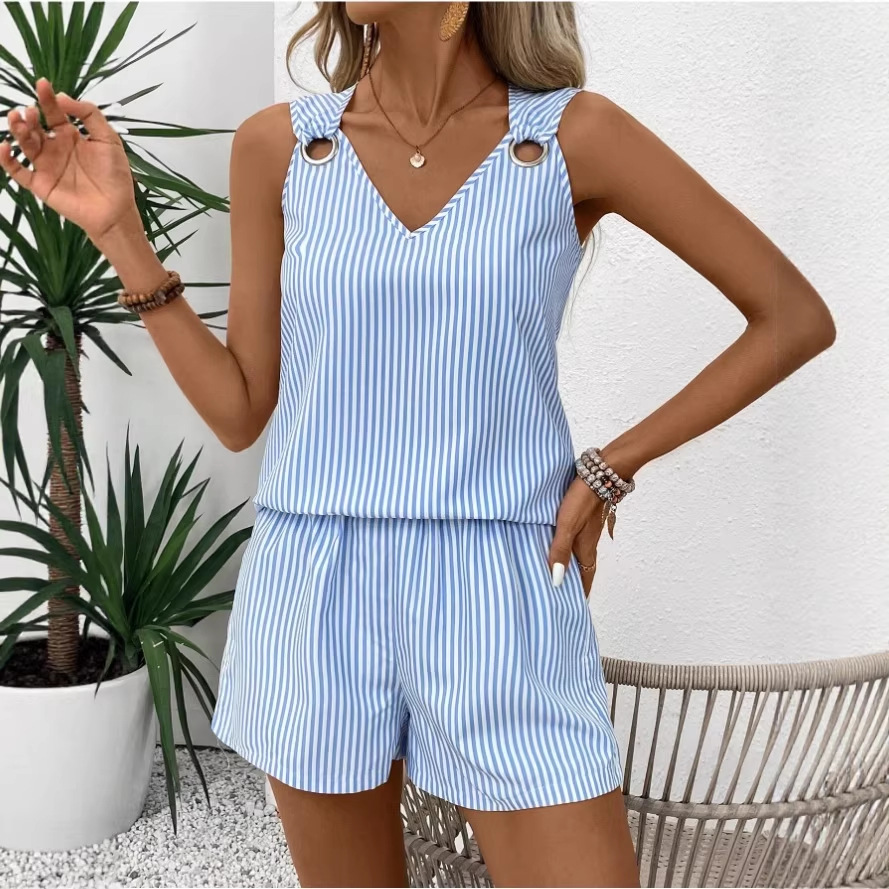 Women's Sleeveless Metal Ring Solid Color Casual Pants Set