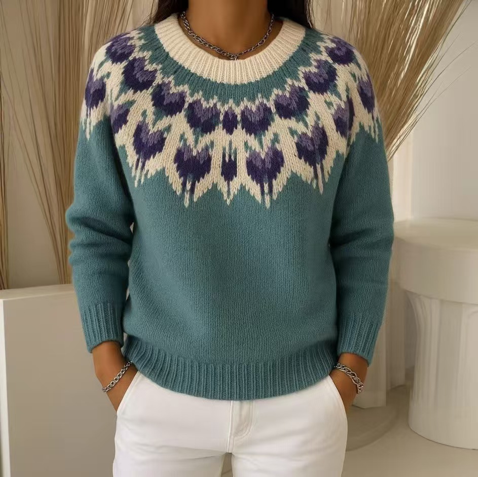 Women's Color-Block Crewneck Loose Knit Pullover Sweater