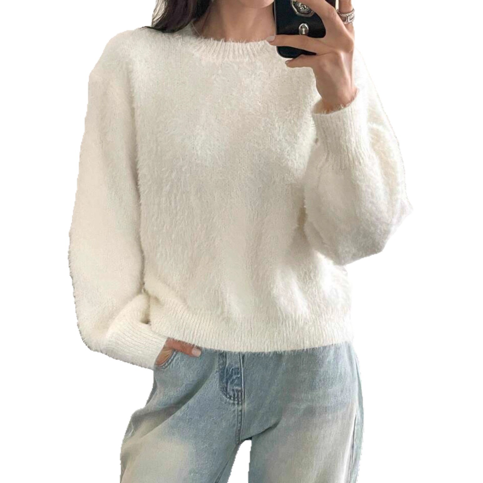 Faux Mink Fleece Crewneck Sweater Women's Fuzzy Long Sleeve Pullover Knit Top