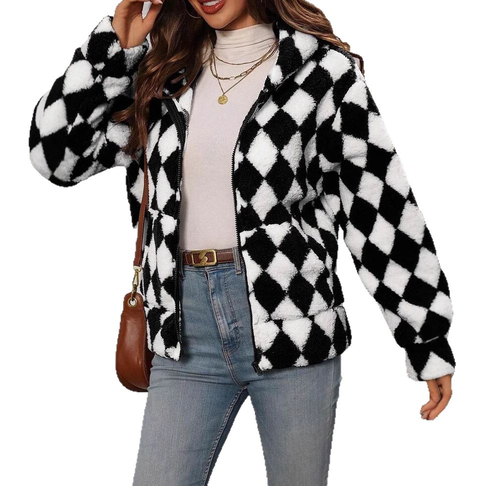Women's Fuzzy Fleece Zip-Up Hooded Jacket with Geometric Print