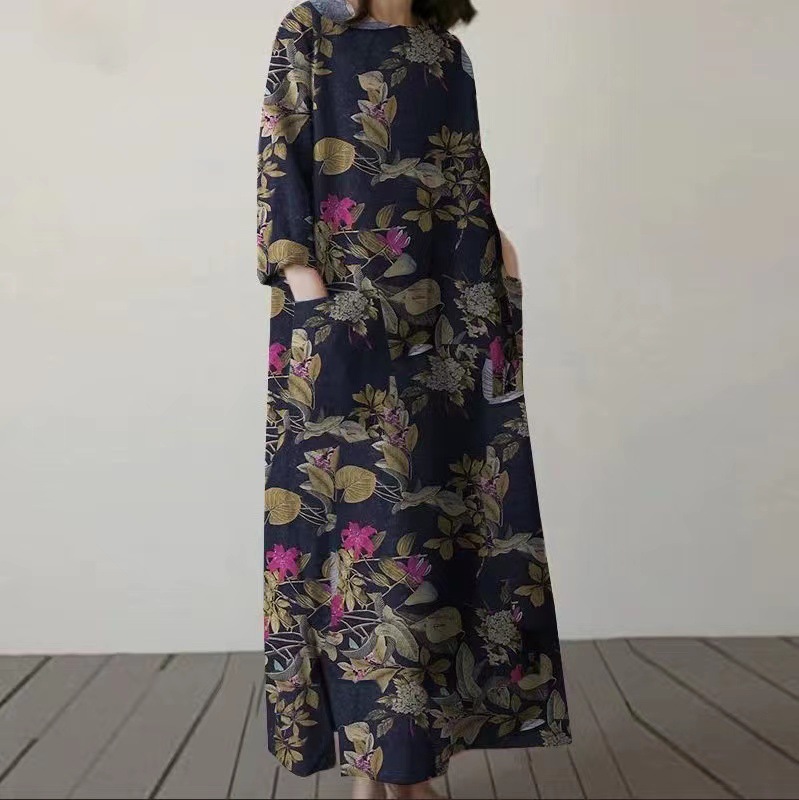 Women's Cotton-Linen Floral Print Round Neck Loose A-Line Midi Dress