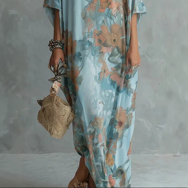 V-Neck Ruffle Waist Floral Print Maxi Dress