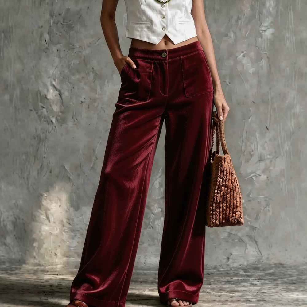 Women's Solid Velvet Button Wide-Leg Pants with Pockets