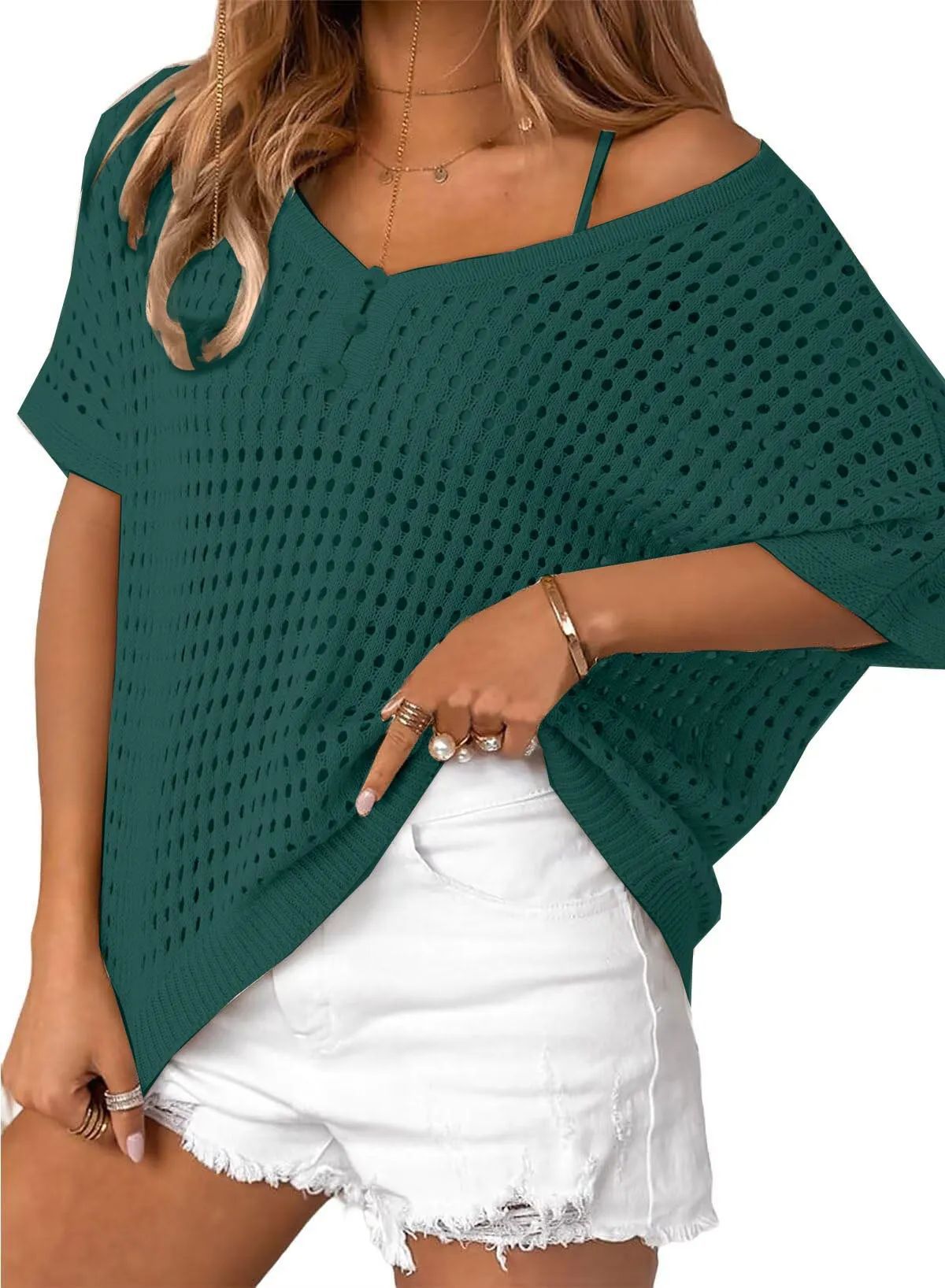Women's V-Neck Short Sleeve Button Crochet Hollow Knit Top Beach Cover-Up