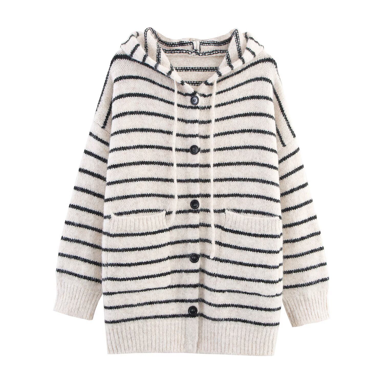 Striped Color-Block Hooded Knit Cardigan Sweater