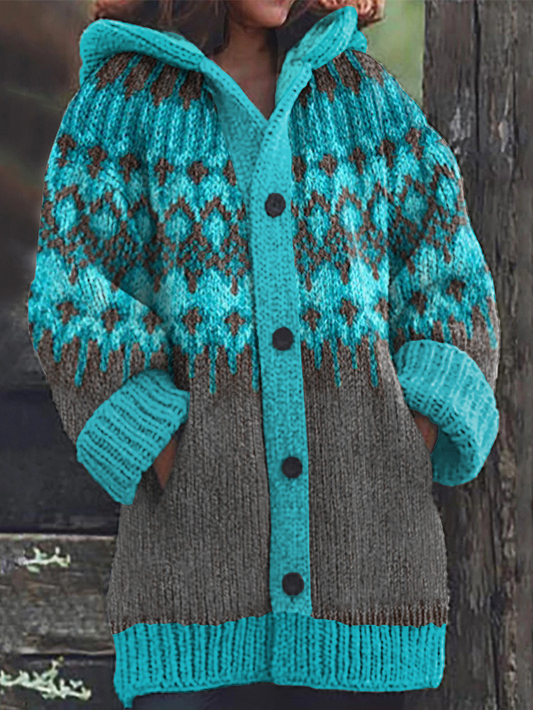 Women's Colorful Animal Print Hooded Button Cardigan Sweater