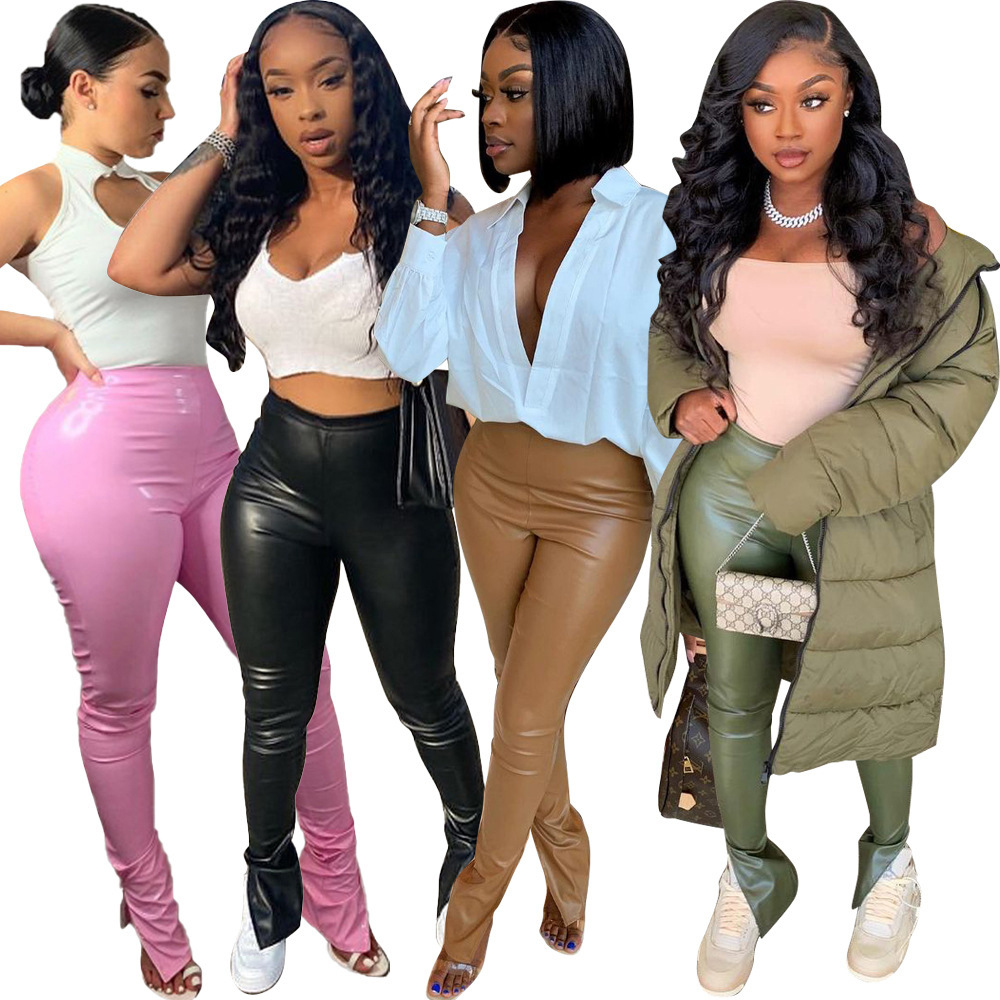 Women's Mid-Rise Stretch PU Leather Skinny Pants with Slit Hem