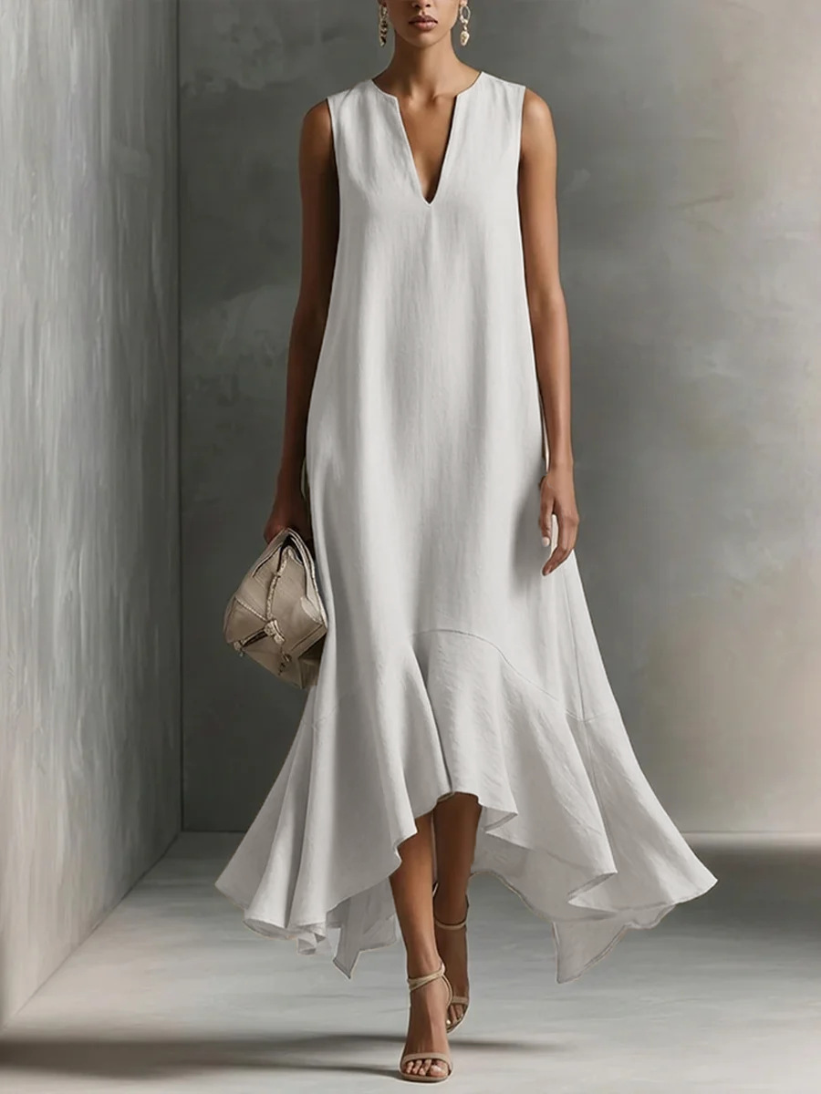 Deep V-Neck Sleeveless Asymmetrical Hem Dress