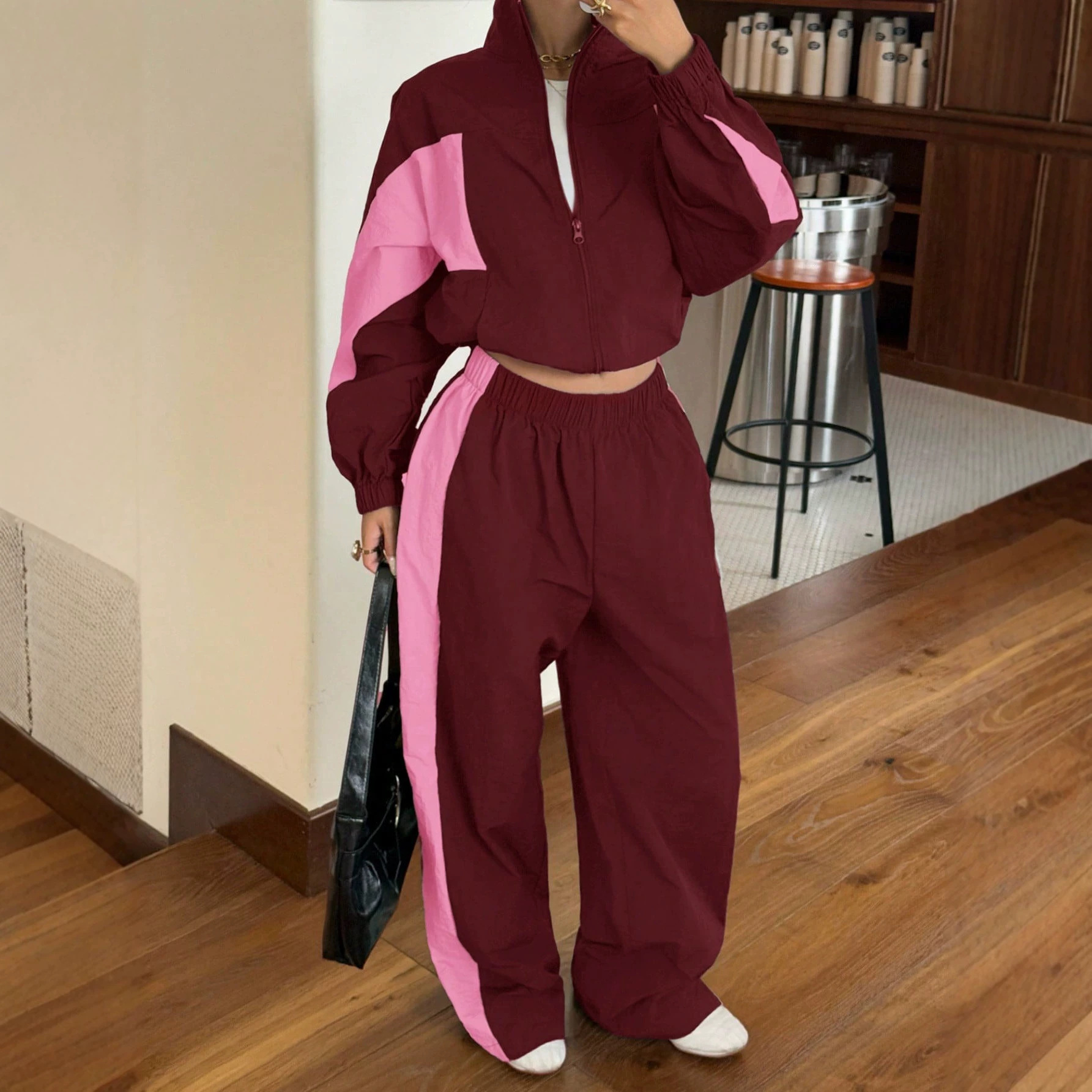 Women's Colorblock Half-Zip Stand Collar Short Two-Piece Set