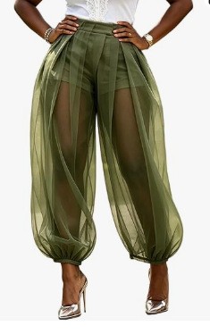 Sheer Mesh Solid Color Loose Lantern Pants