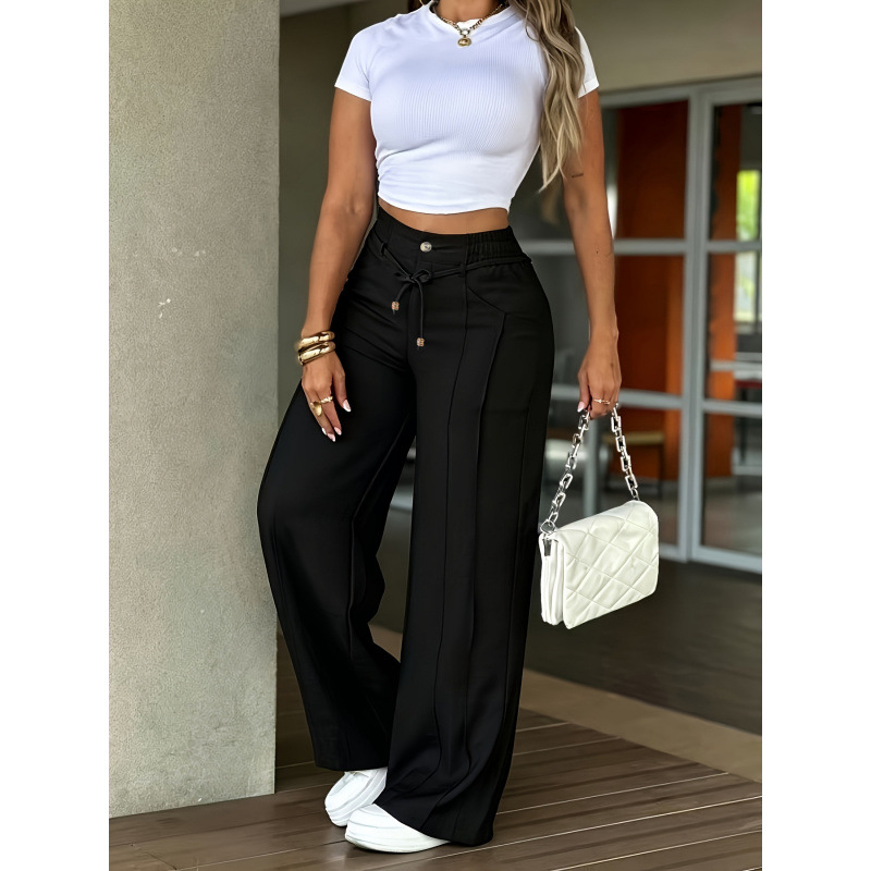 Women's High-Waist Wide-Leg Dress Pants with Front Pintuck and Tie Belt