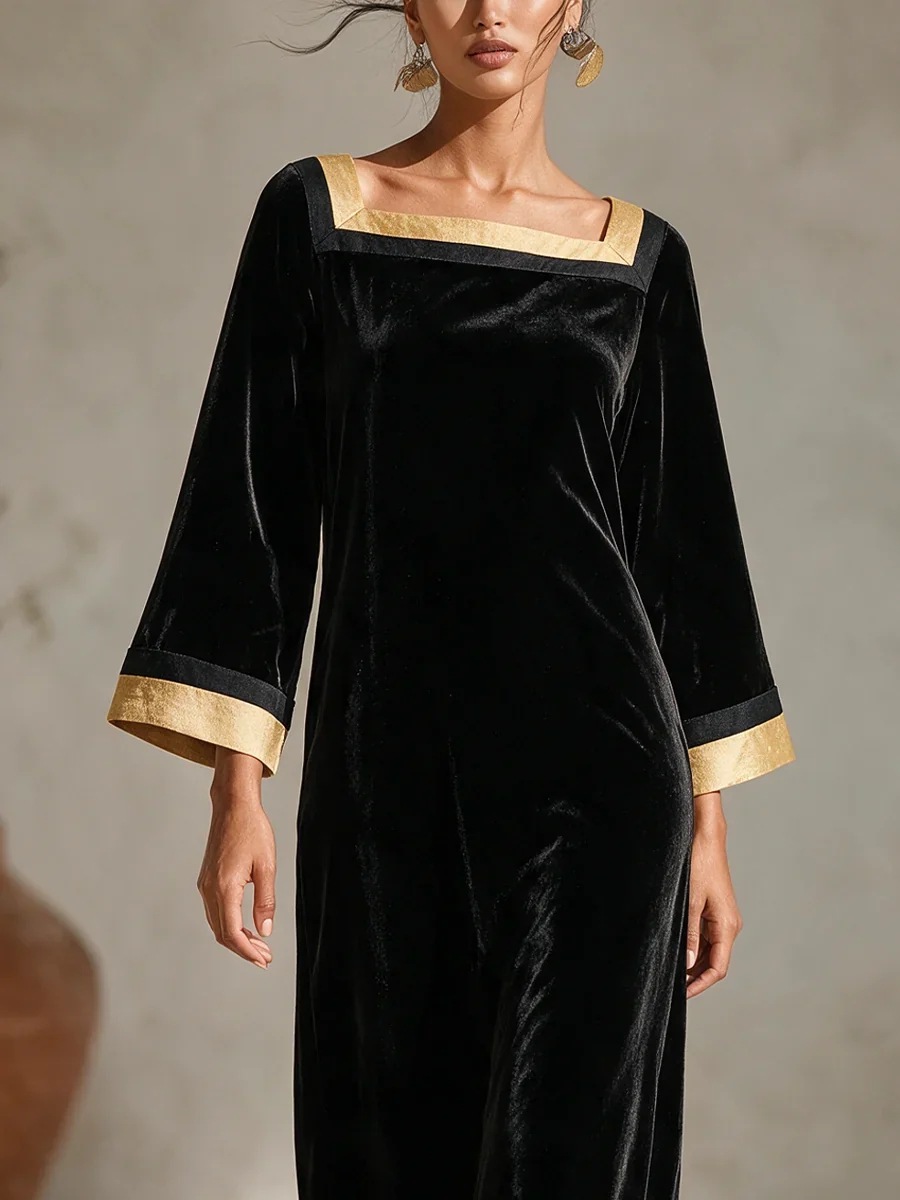 Retro Square-Neck Black Velvet Midi Dress with Gold Trim, Nine-Sleeve A-Line Party Dress