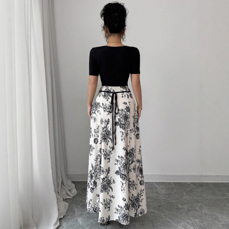 Women's Floral Print Short Sleeve Square Neck Tie Midi Dress