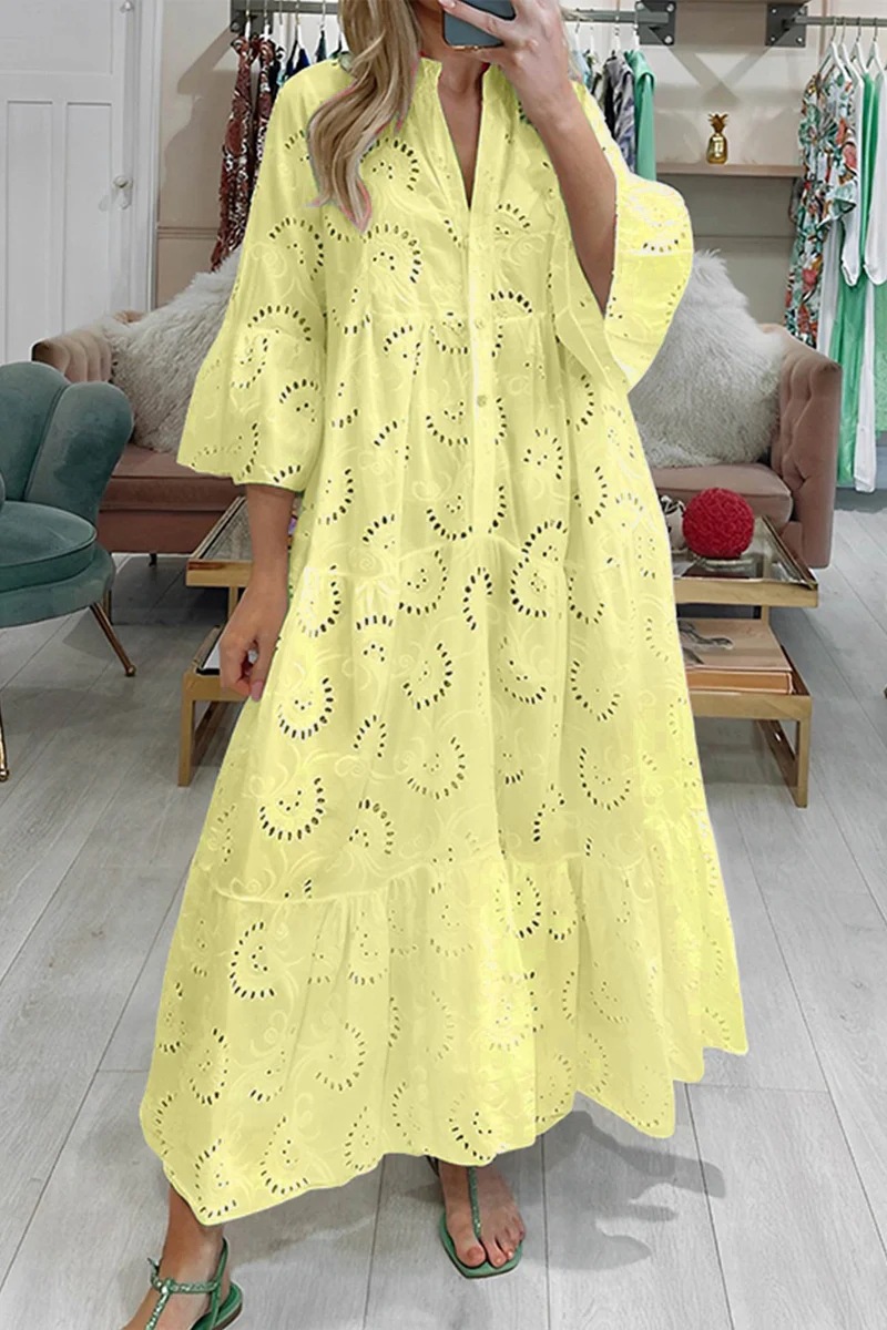 V-Neck Bell Sleeve Lace Hollow Out Solid Long Dress