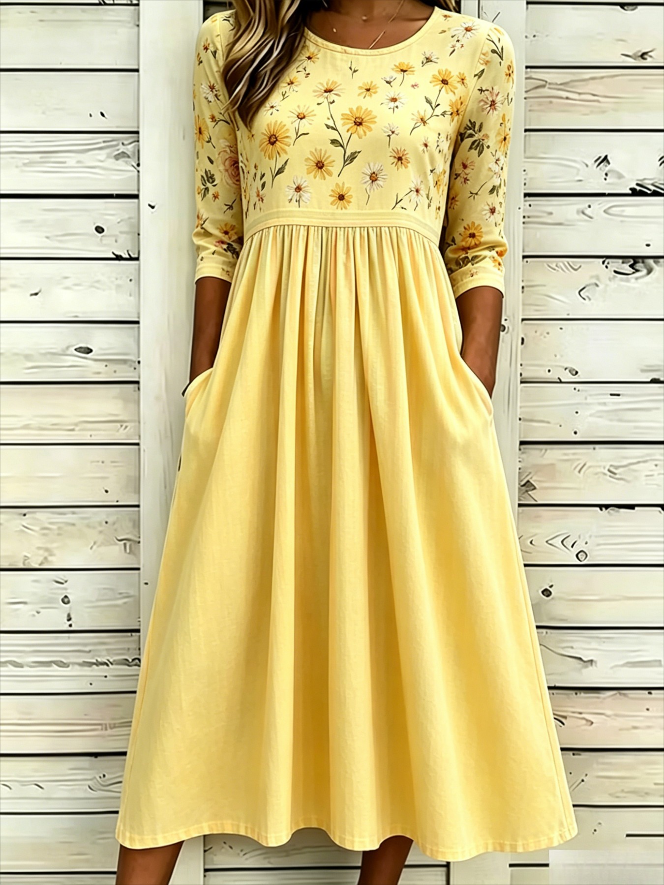 Women's Leaf Floral Butterfly Print Pleated Midi Dress