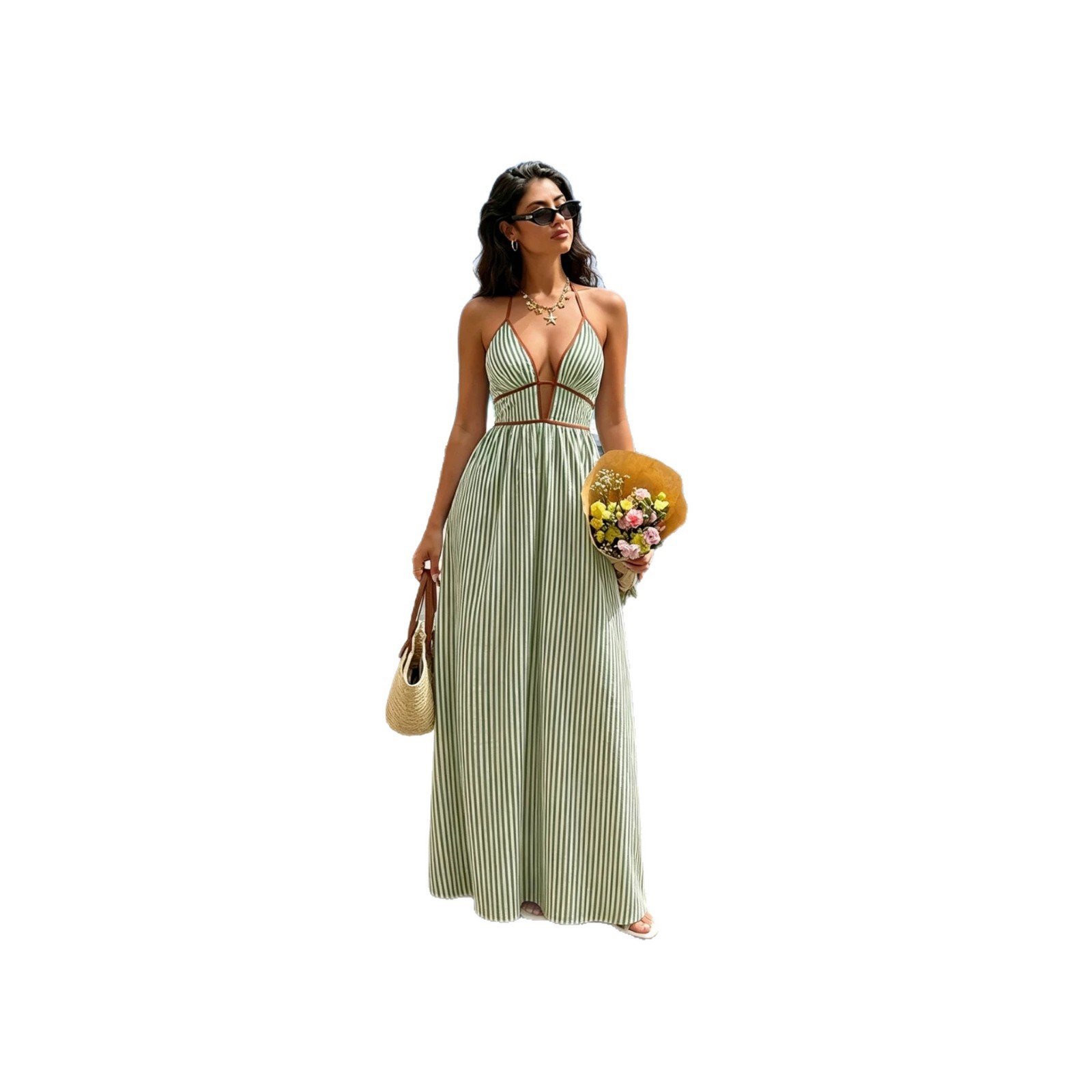 Women's Deep V-Neck Striped Sleeveless Maxi Dress