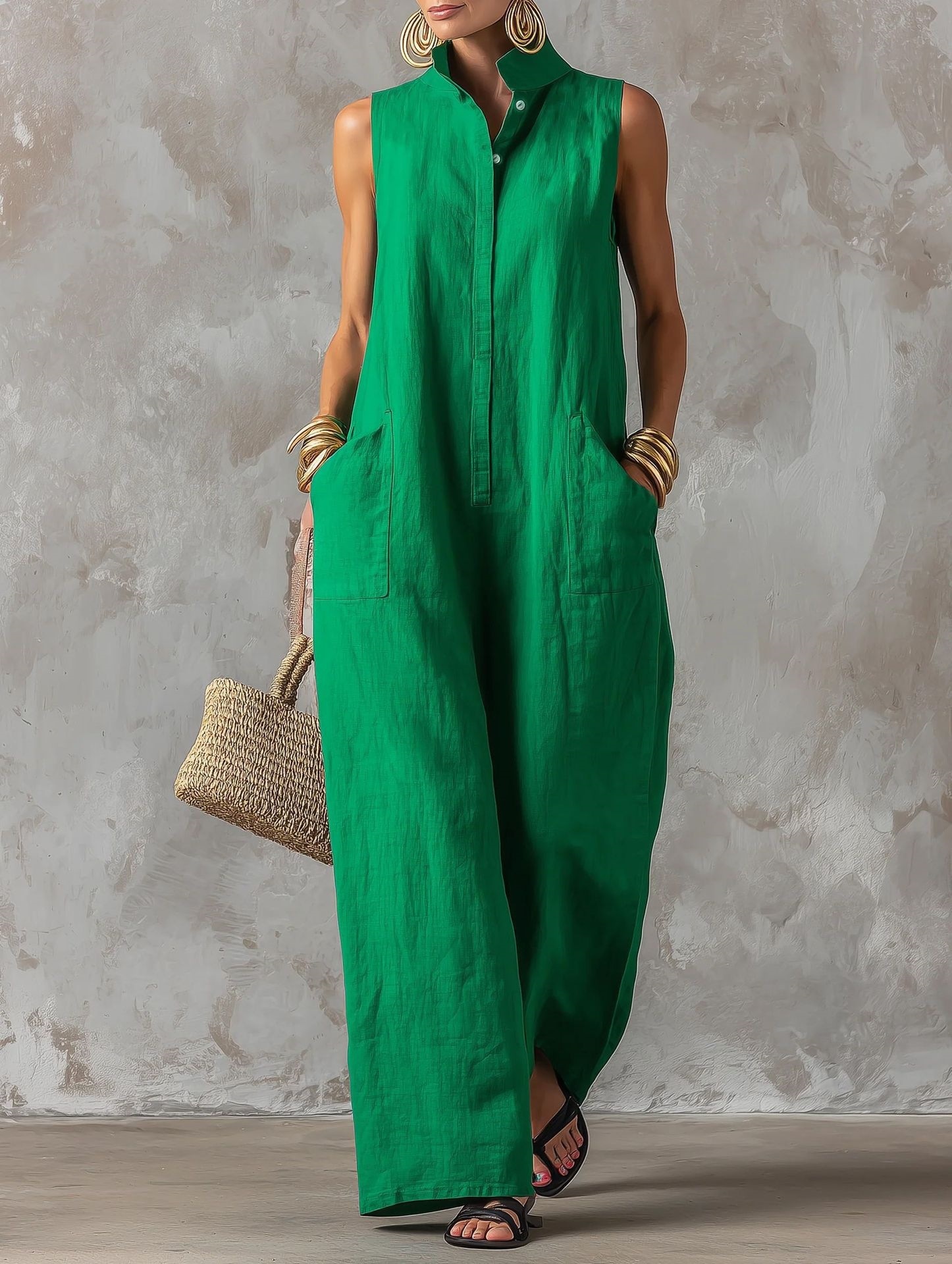 Women's Sleeveless Linen-Blend Jumpsuit with Stand Collar, Button Front, Wide Leg