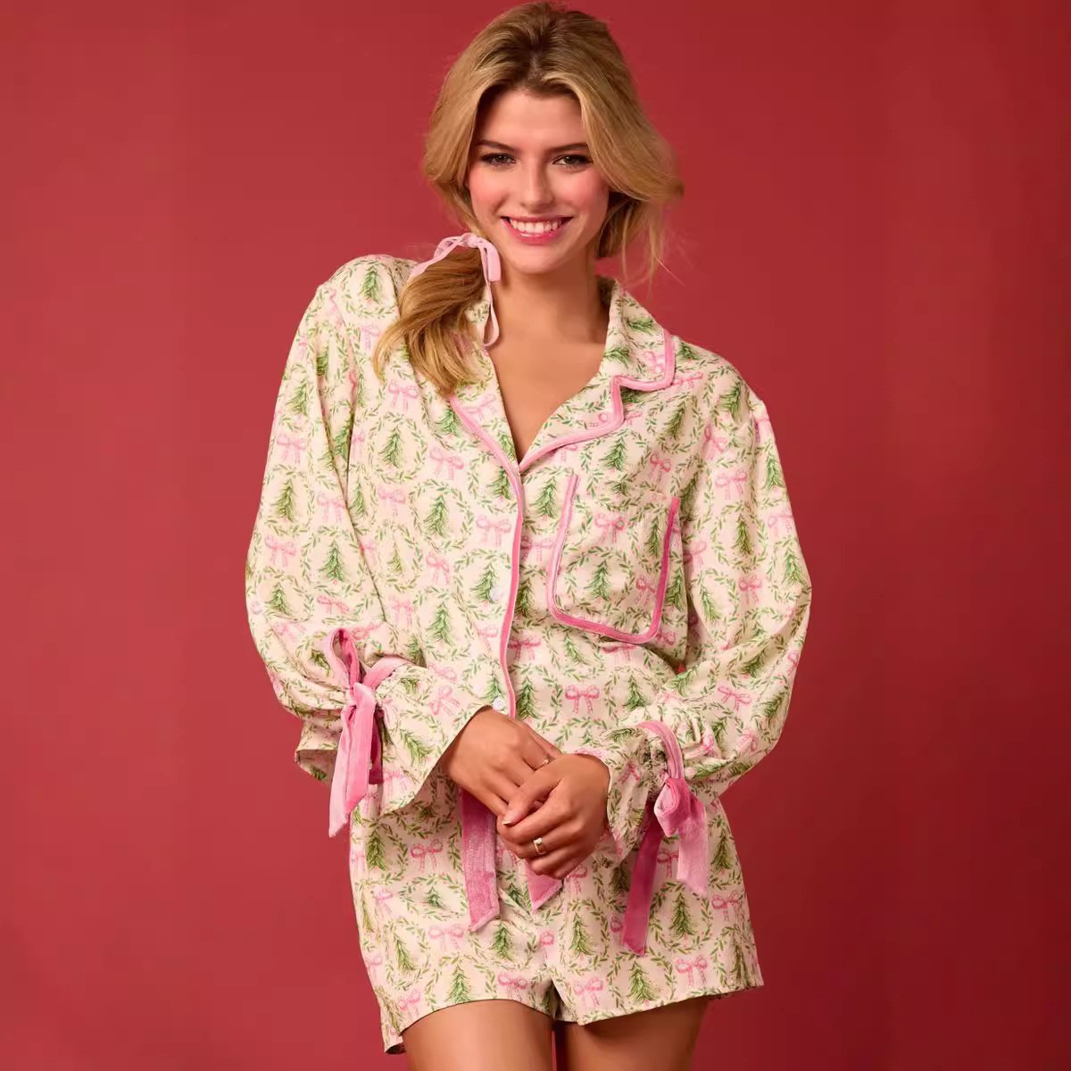 Christmas Santa Velvet Bow Pajama Set for Women