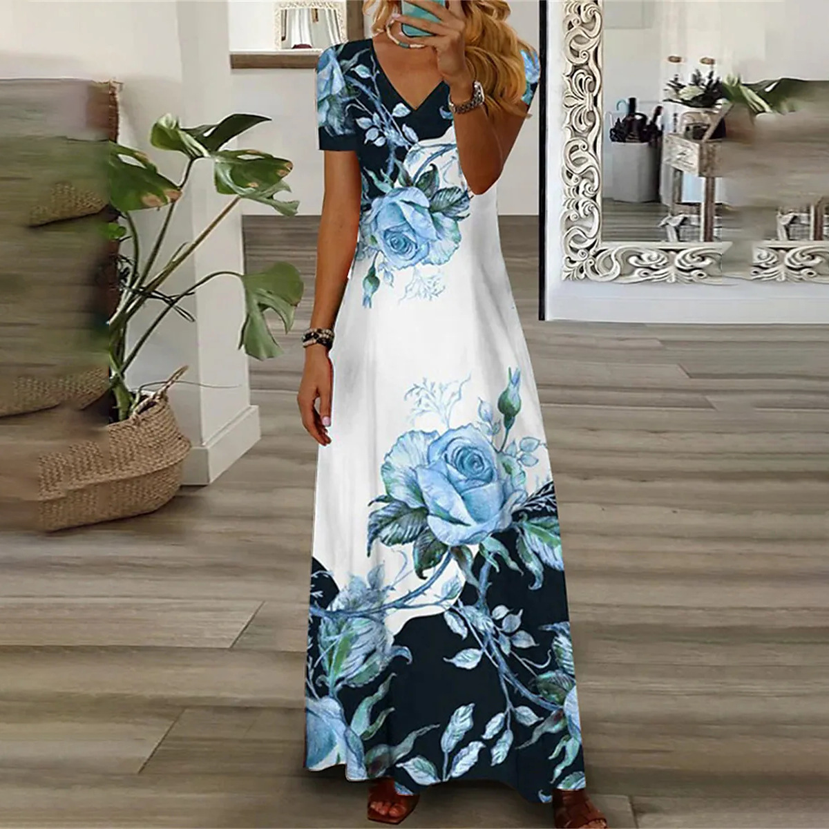 Women's Floral Print V-Neck Button Midi Dress