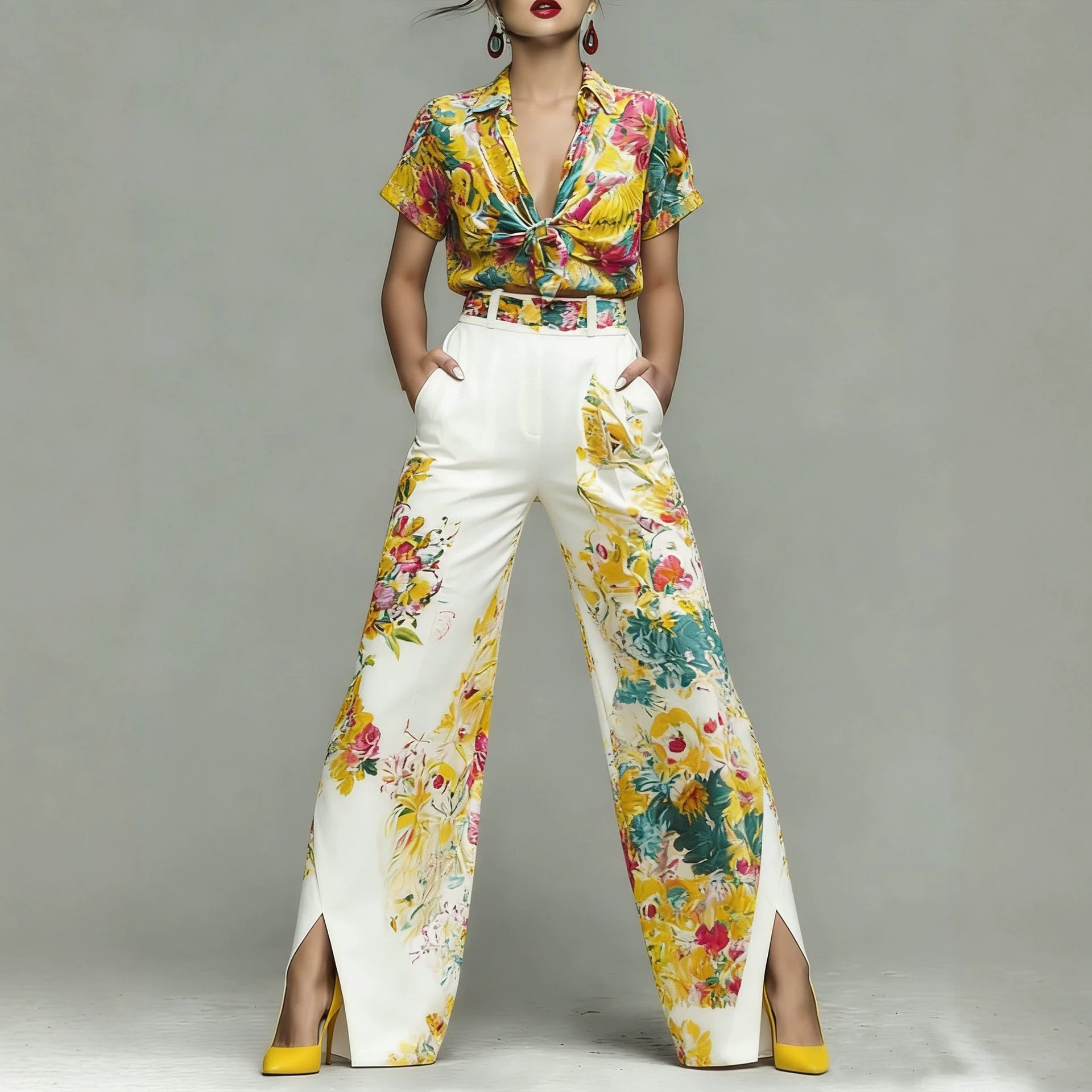 Women's Floral Print Knot Shirt and Pants Two-Piece Set