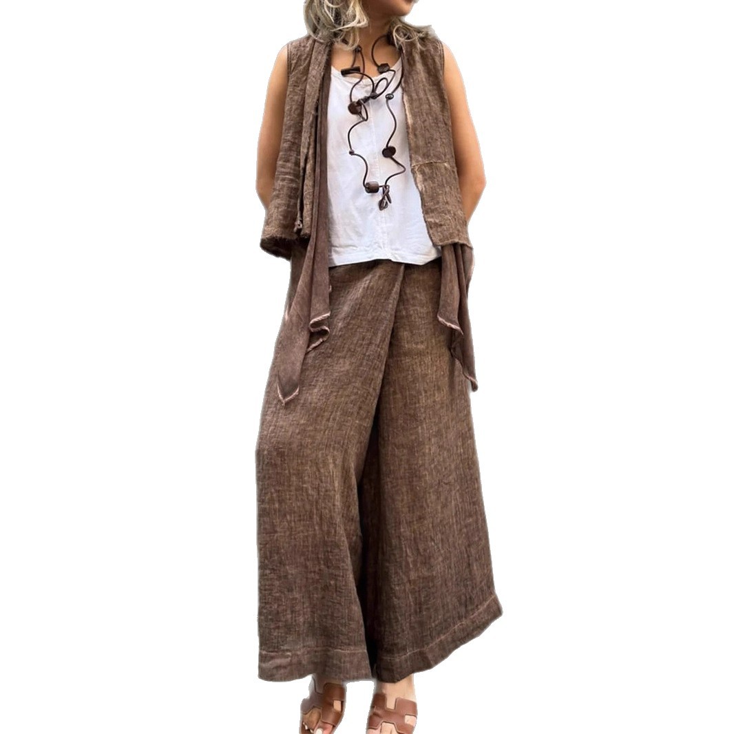 Women's Cotton-Linen Wide-Leg Button Pants Skirt