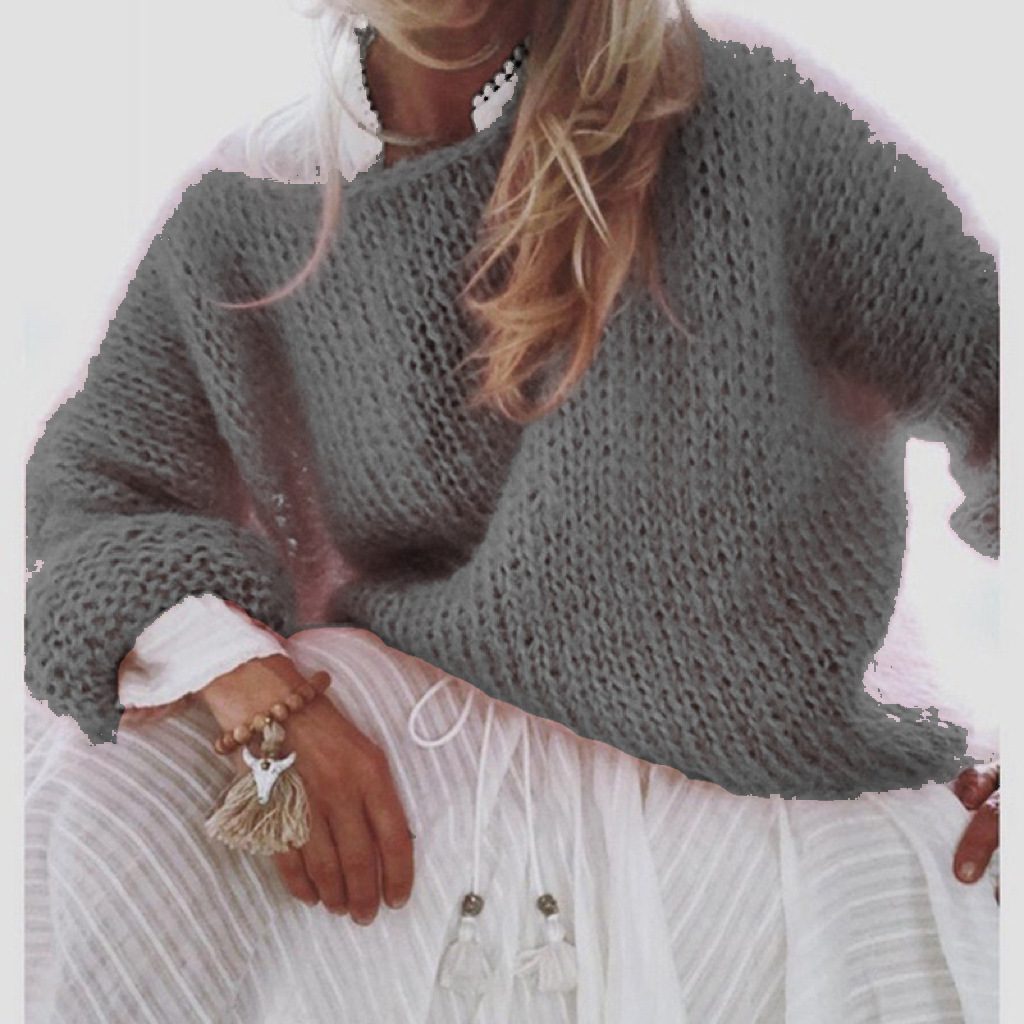 Faux Mohair Pullover Sweater Women's Crewneck Long Sleeve Solid Color Knit Top