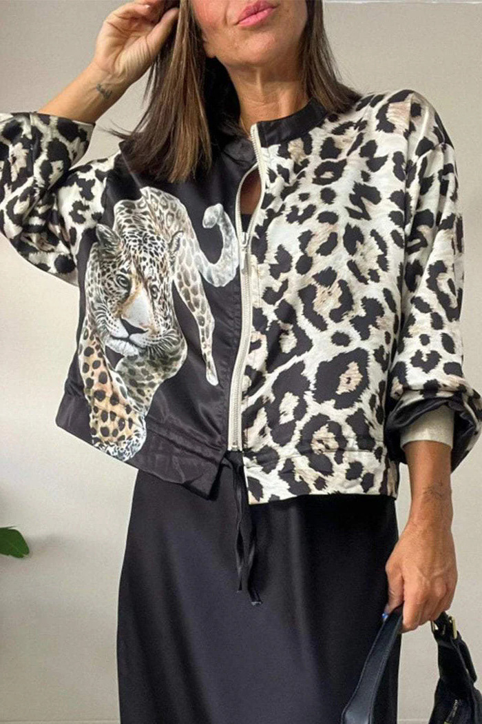 Women's Leopard Print Bomber Jacket Zip-Up Stand Collar