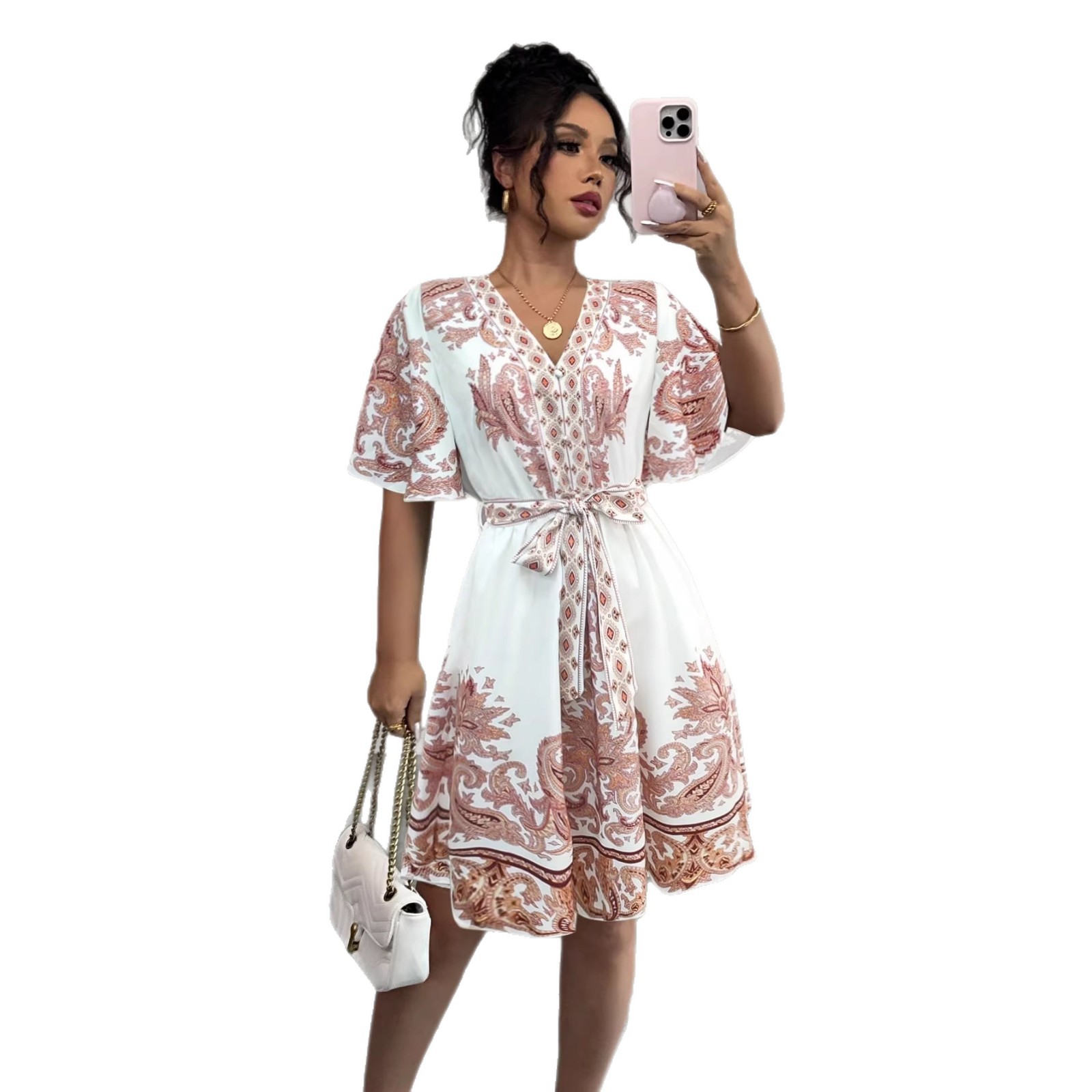 Bohemian V-Neck Tie-Waist Floral Print Vacation Dress