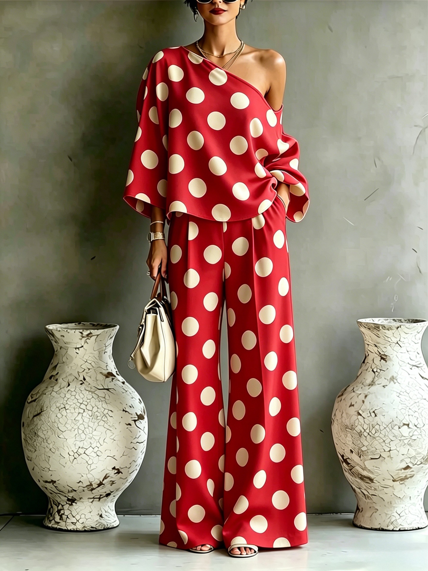 Colorful Polka Dot Off-Shoulder Flowy Two-Piece Pants Set for Women