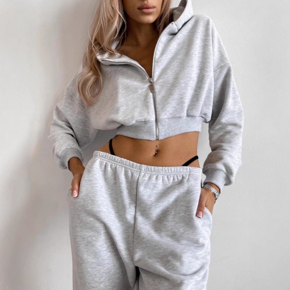Women's Solid Color Hooded Cardigan Sweatshirt and Jogger Pants Two-Piece Set
