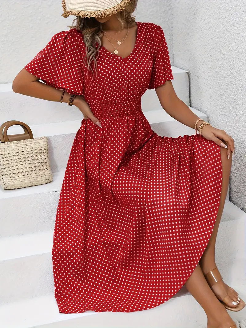 V-Neck Polka Dot Pullover Casual Dress
