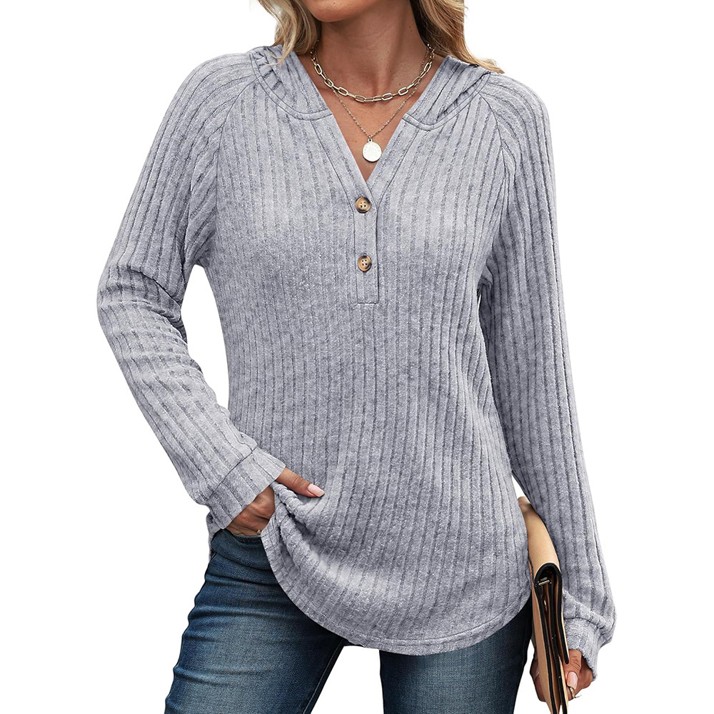 Solid V-Neck Button Loose Hooded Fleece Knit Top