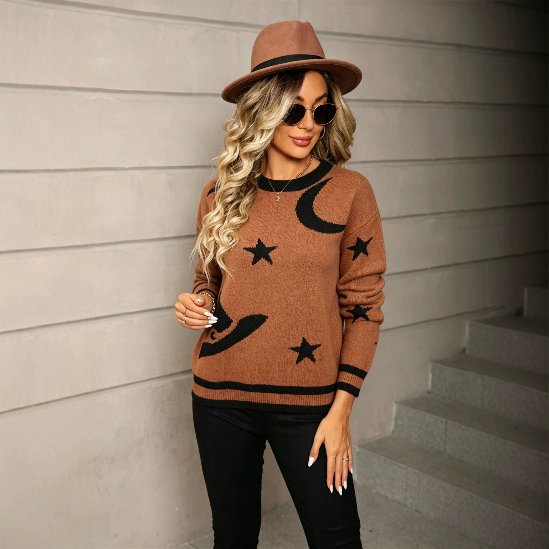 Women's Oversized Crewneck Pullover Sweater Colorblock Knit Top