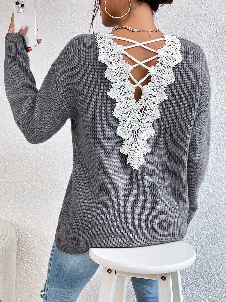 French Lace V-Neck Open-Back Long-Sleeve Sweater