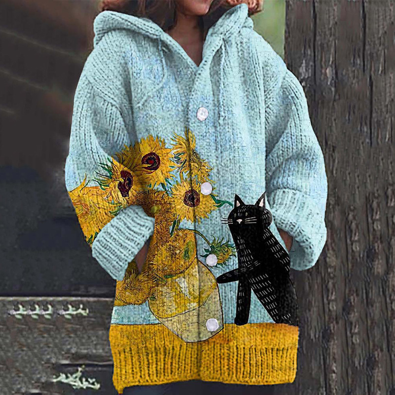 Women's Vintage Animal Print Hooded Button Cardigan