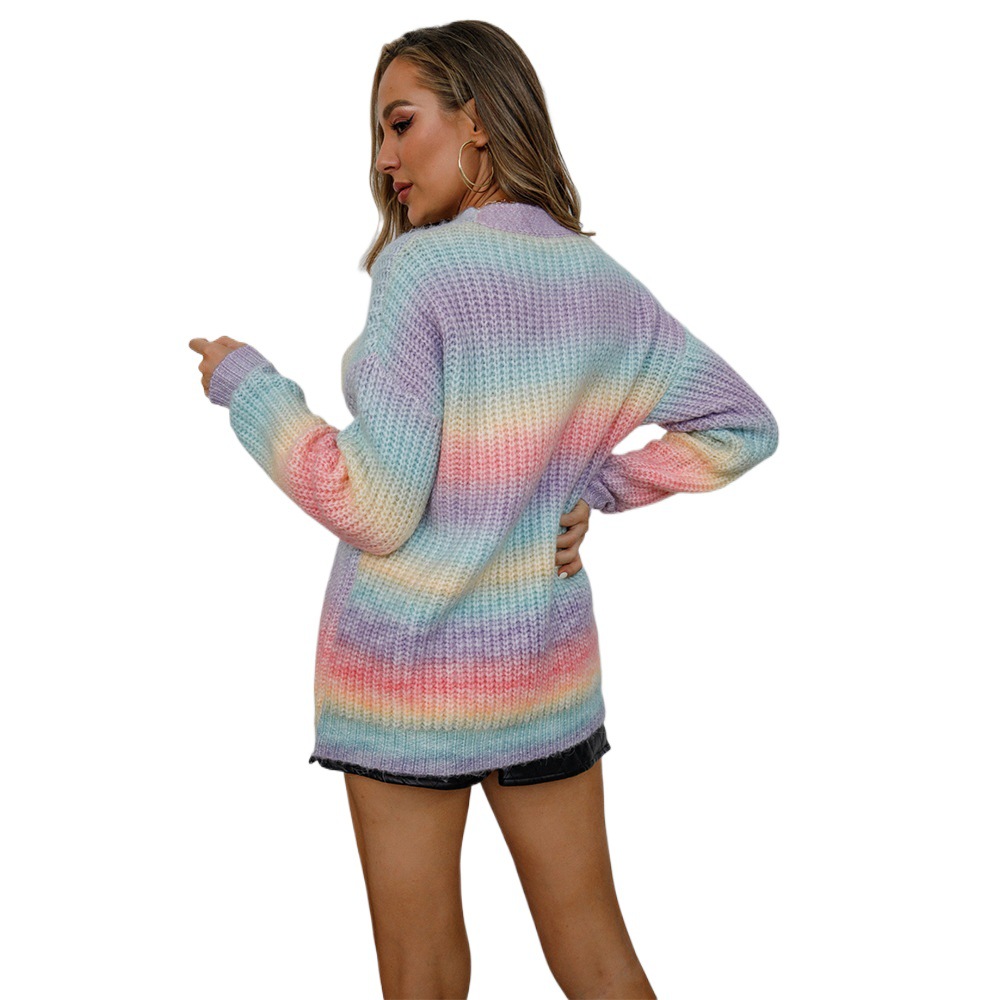 Gradient Rainbow Button-Up Knit Cardigan
