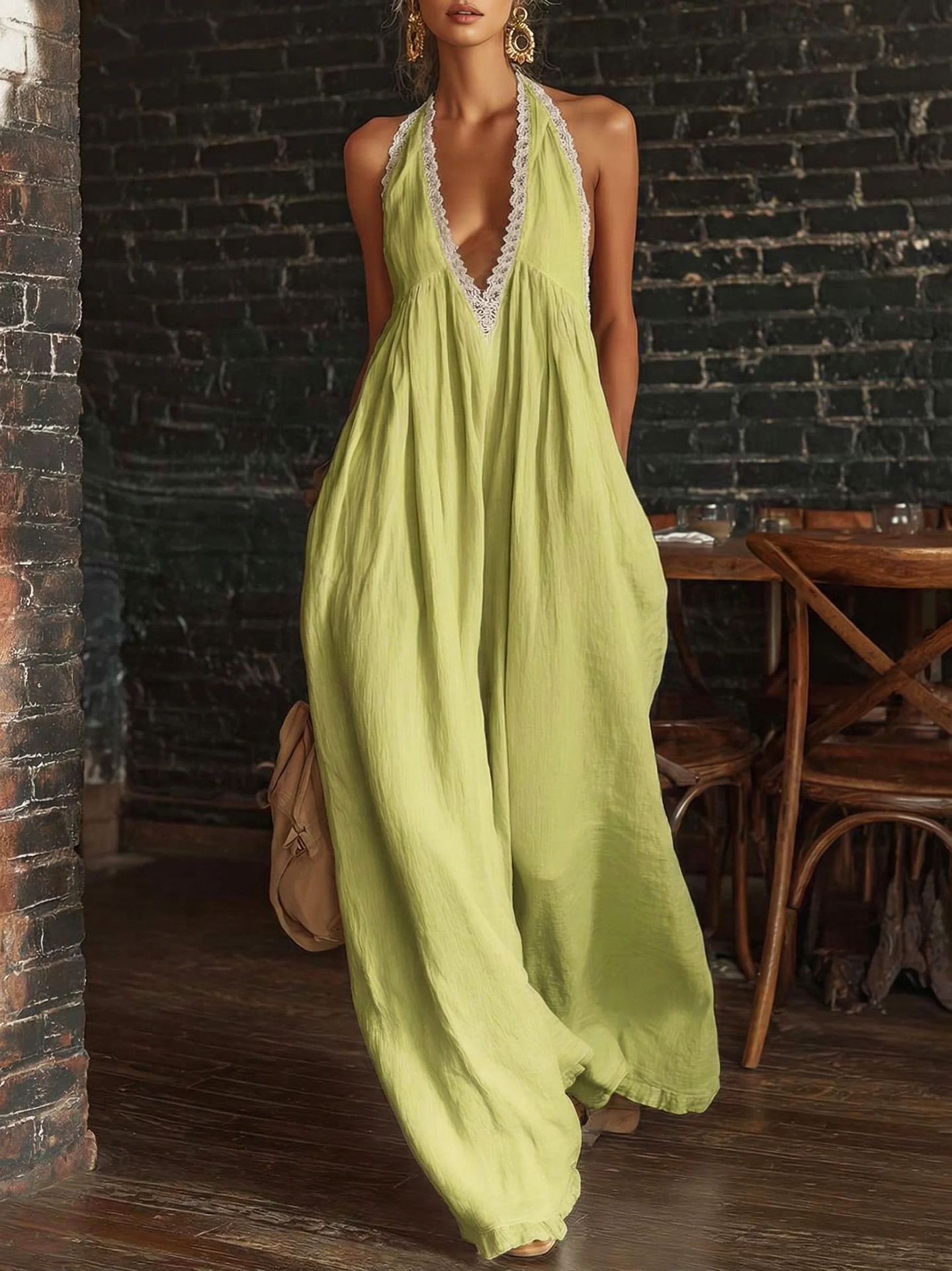 Lace-Trim Loose Linen Jumpsuit
