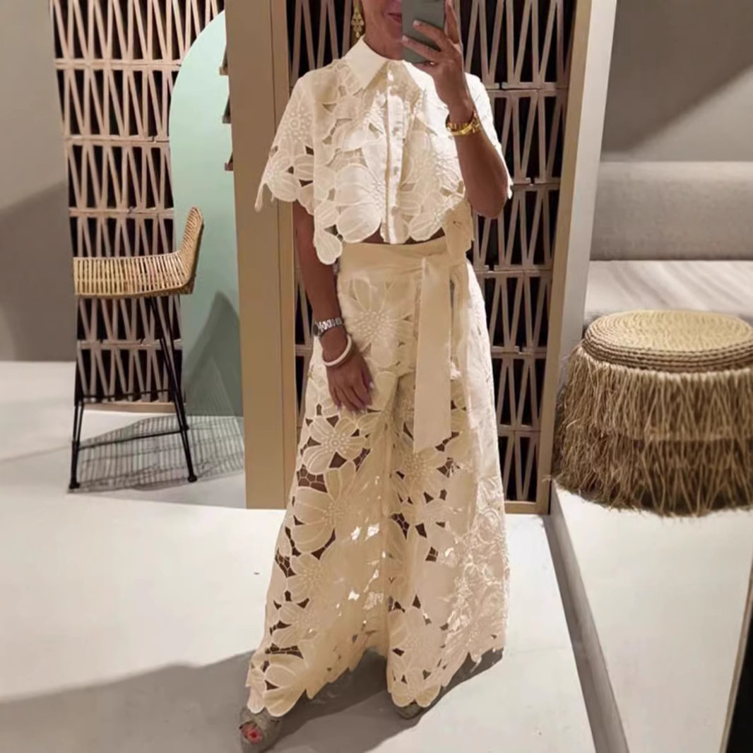 Women's Solid Color Cutout Cardigan and Wide-Leg Pants Two-Piece Set