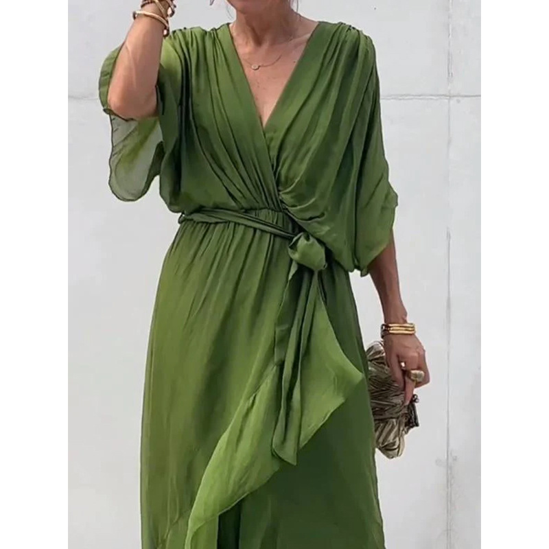 Women's Solid Color Tie-Waist Batwing Sleeve Irregular Long Dress Plus Size