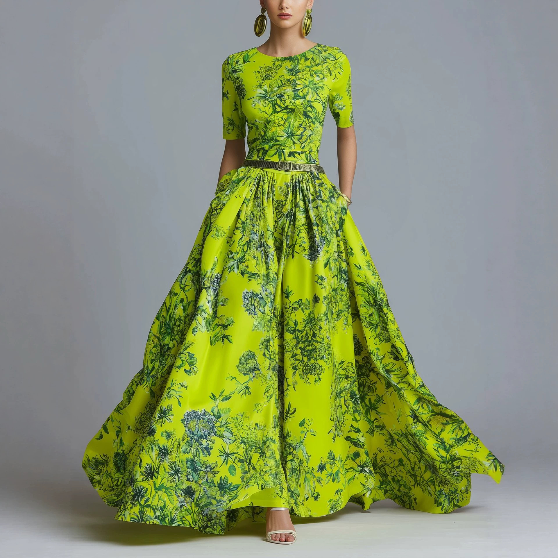 Women's Elegant Floral Print Maxi Dress with Belt
