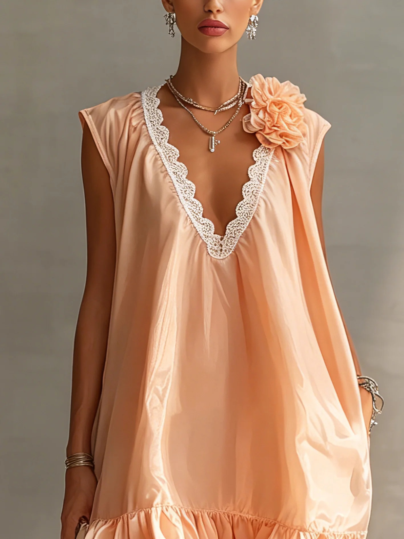Nude Pink Lace V-Neck Sleeveless A-Line Mini Dress with 3D Floral Ruffle Chiffon