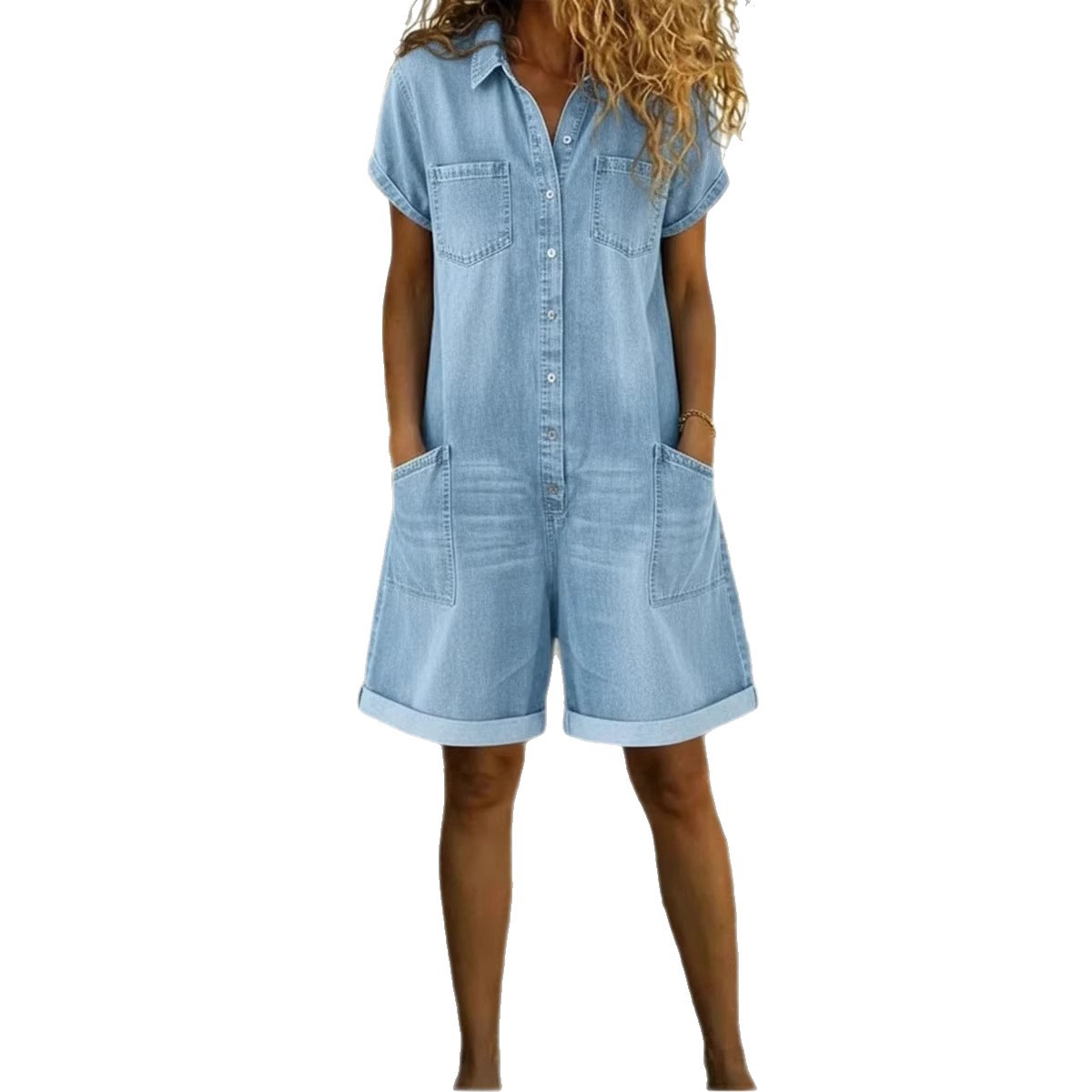 Short Sleeve Multi-Pocket Washed Denim Jumpsuit Shorts