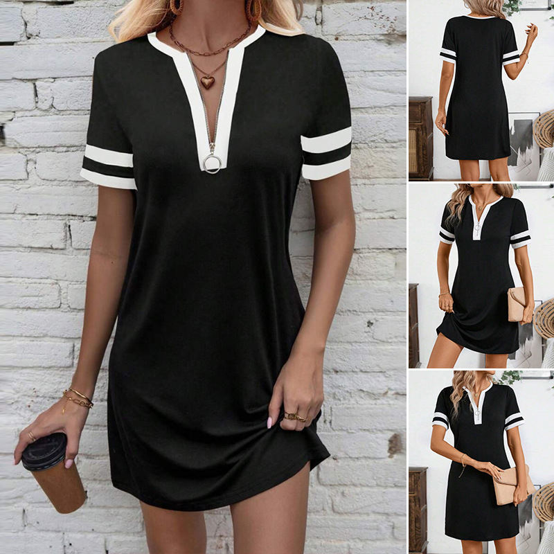 Women's V-Neck Half-Zip Colorblock Slim Fit Dress Short Sleeve