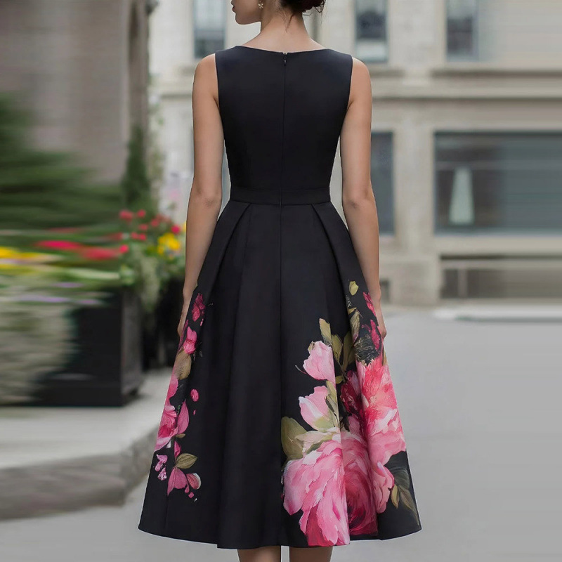 Women's Sleeveless Floral Print A-Line Midi Dress with Cinched Waist