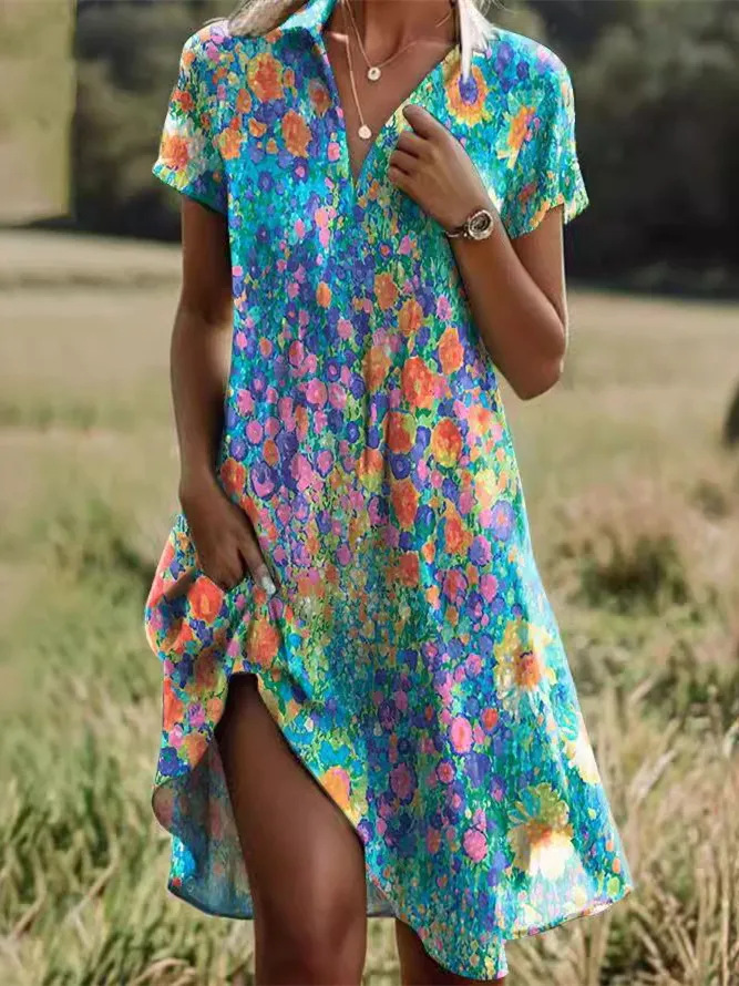 Women's Floral Print Casual Midi Dress Short Sleeve Deep V-Neck Slim Fit
