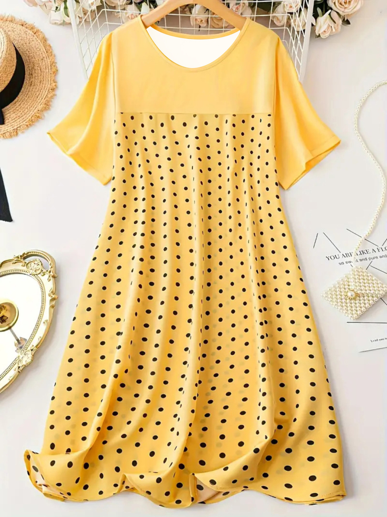 Polka Dot Round Neck Short Sleeve Sleep Dress Comfortable A-Line Dress