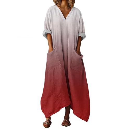 Women's Colorful Gradient A-Line Midi Dress with Deep V-Neck and Long Sleeves