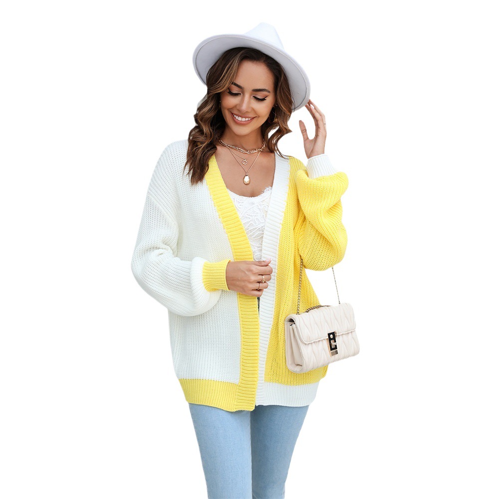 Colorblock Knit Cardigan Loose Fit Long Sleeve Women's